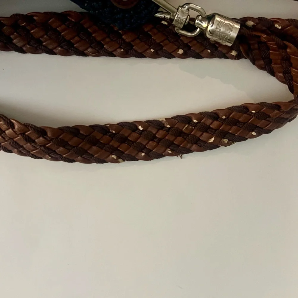 The Sak Indio Crochet Tote Blue Knit Bag Braided Faux Leather Straps - Picture 11 of 15